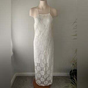 Solitaire Swim Lace Maxi Dress Tie Up Floor Length White Boho Size Small
